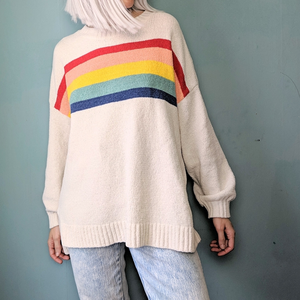AEO Rainbow Striped Ivory Chenille Sweater